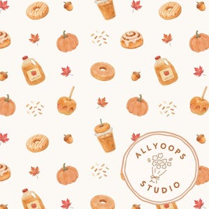 May include: A repeating pattern of fall-themed illustrations. The design includes pumpkins, donuts, cinnamon rolls, apple cider bottles, caramel apples, maple leaves, and acorns. The image also features a logo that says "ALLYOOPS STUDIO".