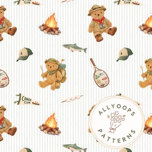 May include: A repeating pattern with camping illustrations. The design includes teddy bears in camping attire, campfires, fish, marshmallows, baseball caps, and tennis rackets. The words "CANOE CLUB" are on a pennant. The pattern is on a white background with vertical stripes.