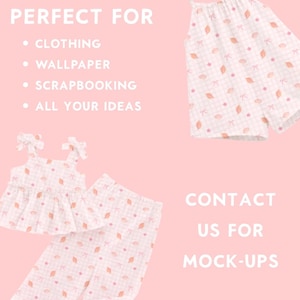 K&ouml;nnte beinhalten: Wei&szlig;es und rosa gemustertes Bekleidungsset mit Oberteil und Shorts sowie einem passenden Oberteil und einer Hose. Die Kleidung hat ein Blatt- und Schleifendesign. Der Text "PERFECT FOR" und "CONTACT US FOR MOCK-UPS" ist ebenfalls enthalten.