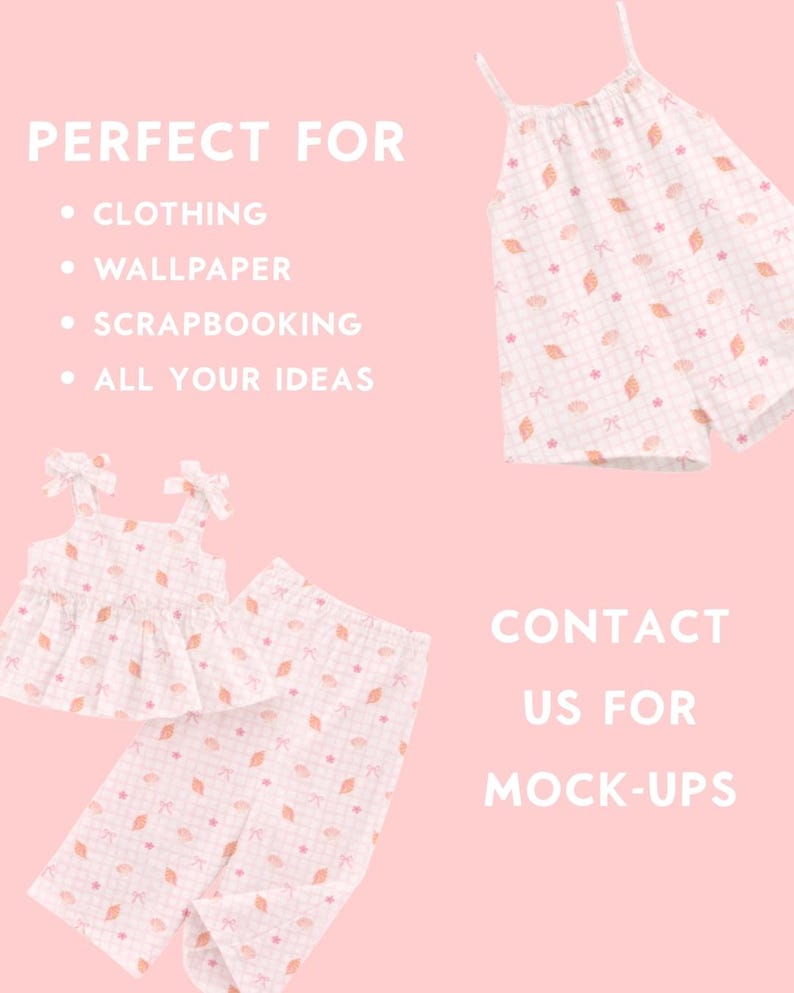 K&ouml;nnte beinhalten: Wei&szlig;es und rosa gemustertes Bekleidungsset mit Oberteil und Shorts sowie einem passenden Oberteil und einer Hose. Die Kleidung hat ein Blatt- und Schleifendesign. Der Text "PERFECT FOR" und "CONTACT US FOR MOCK-UPS" ist ebenfalls enthalten.