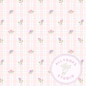 May include: A repeating pattern of pink and purple roses and buds on a light pink plaid background. The design includes a circular logo with the text "ALLYOOPS STUDIO" and a bouquet illustration.