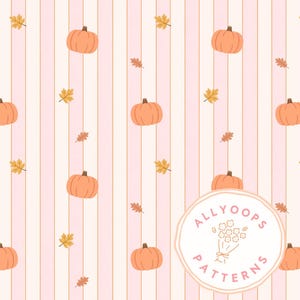 May include: A repeating pattern featuring orange pumpkins and autumn leaves on a striped background of pink and cream. The design includes a circular logo with the text "ALLYOOPS PATTERNS".