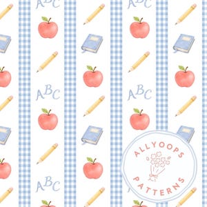 Puede incluir: Patrón repetitivo con manzanas rojas, lápices amarillos, libros azules y las letras "ABC" sobre un fondo blanco con rayas de cuadros azules. Ideal para artículos escolares.