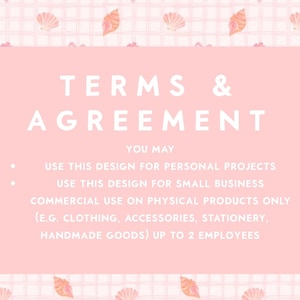 K&ouml;nnte beinhalten: Eine rosa-wei&szlig; gemusterte Grafik mit den Worten &bdquo;TERMS & AGREEMENT&ldquo; in gro&szlig;em wei&szlig;en Text. Der Text darunter besagt, dass das Design f&uuml;r pers&ouml;nliche Projekte und die gewerbliche Nutzung kleiner Unternehmen verwendet werden kann.