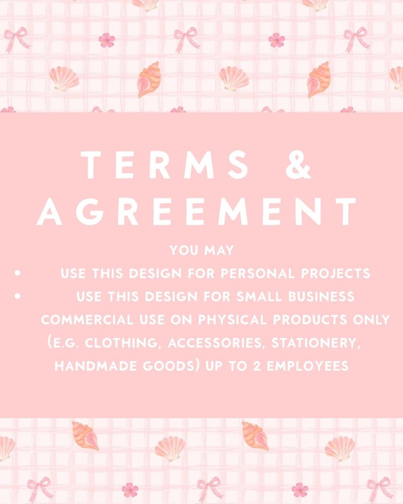 K&ouml;nnte beinhalten: Eine rosa-wei&szlig; gemusterte Grafik mit den Worten &bdquo;TERMS & AGREEMENT&ldquo; in gro&szlig;em wei&szlig;en Text. Der Text darunter besagt, dass das Design f&uuml;r pers&ouml;nliche Projekte und die gewerbliche Nutzung kleiner Unternehmen verwendet werden kann.