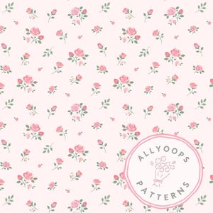 May include: A repeating pattern of pink roses and green leaves on a light pink background. The design includes clusters of roses, individual buds, and scattered leaves. The text "ALLYOOPS PATTERNS" is in a circular logo.