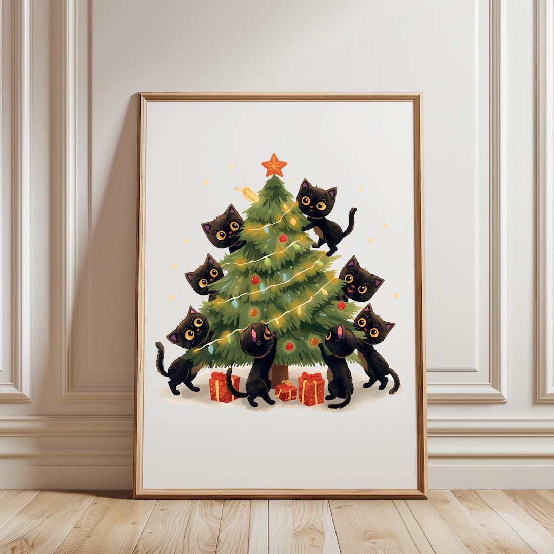 Black Cats Climbing Christmas Tree PNG, Festive Cat Lover Clip Art ...
