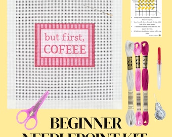 But First Coffee-bord borduurset voor beginners: handbeschilderd canvas