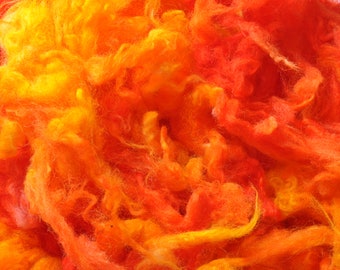 Hand Dyed Lambs Wool, 25 grams, Orange and Yellow, Spinning, Blending, Art Batts, Felting, Dreads, Yarn, Weaving