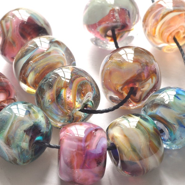 Handmade Lampwork Glass Beads, 10 Donut / Round Handmade Glass Beads, Unusual Beads, Jewellery Supplies, Handmade Beads