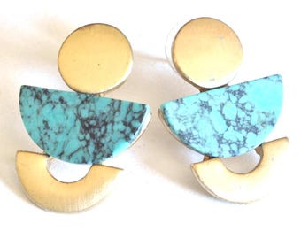 Vintage Art Deco Earrings, Faux Gold and Turquoise, Jewellery, Stud Earrings, Gold and Turquoise