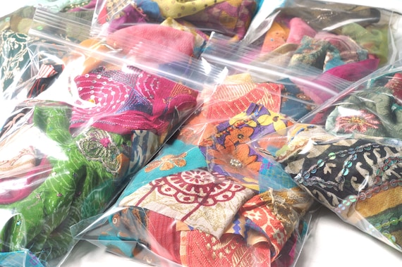 Recycled Vintage Indian Sari Fabric Snippets, Mixed Media Collage, Sewing Applique