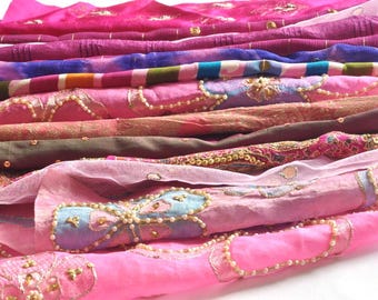 Recycled Vintage Sari Fabric Remnants, Pink Collage Craft Supplies (12 Pieces)
