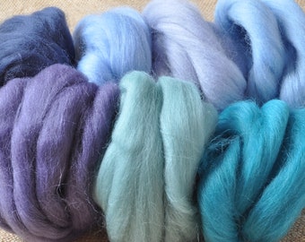 Wool Top Selection, 70 grams of Corriedale and Shetland Wool Tops, Felting, Spinning, Weaving Blues, Turquoise and Purple