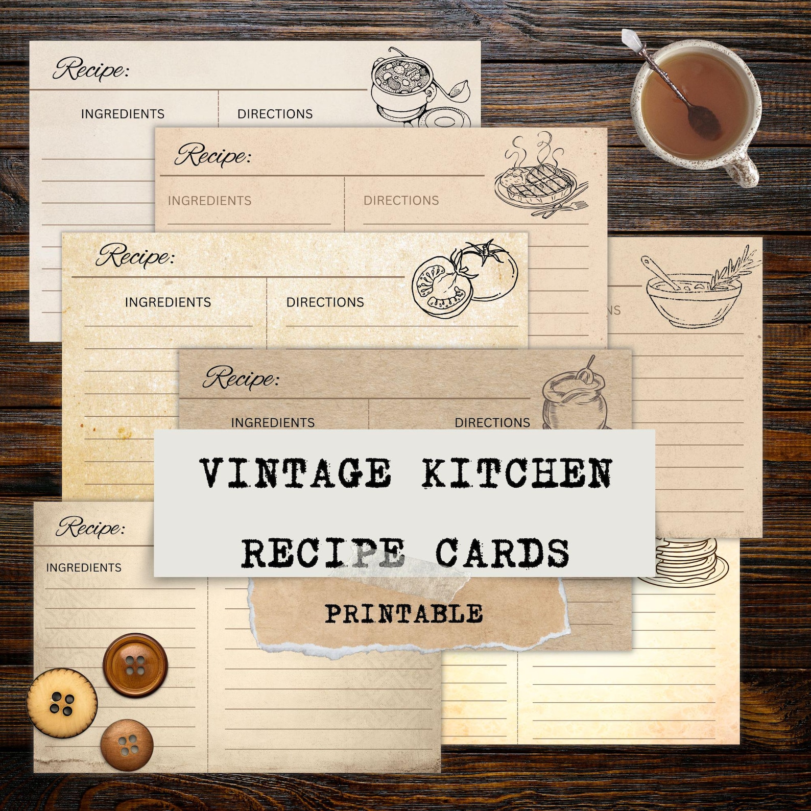 Vintage Recipe Cards Printable – Neutral Cooking Journal – Digital