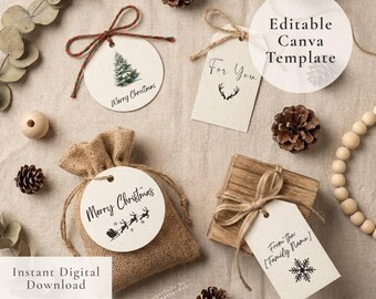 Ready To Go! Minimalist Christmas Card | Gift Tag & Sticker | Editable Canva Template