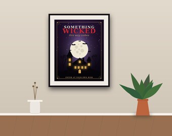 Something Wicked This Way Comes Haunted House Print, Gothic Halloween Wall Art, Spooky Manor Moon Poster, Printable Decor