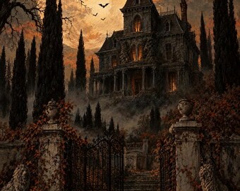 Vintage Gothic Halloween Wall Art Bundle, 6 Printable Spooky Gallery Wall Prints, Haunted House, Ghost, Pumpkin, Black Cat, Instant Download