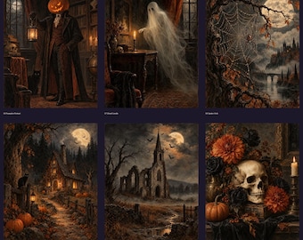 Vintage Gothic Halloween Wall Art Bundle, 11 Printable Spooky Gallery Wall Prints, Haunted House, Ghost, Pumpkin, Black Cat, Instant Downloa