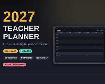 2027 Teacher Planner, Dark Mode, Hyperlinked Digital Planner (PDF Download)