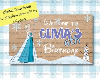 Gefrorene Geburtstagsbanner Vorlage | Gefrorene Geburtstags-Dekoration, Thema Eiskönigin Bearbeitbares Gefrorenes Banner | Elsa Anna Girlande Girlande | Sofort Download