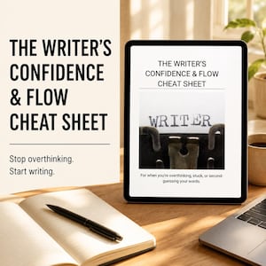 May include: A digital tablet displaying a document titled THE WRITER'S CONFIDENCE & FLOW CHEAT SHEET with an image of a typewriter carriage and the word WRITER. Below the title, the text reads For when you're overthinking, stuck, or second-guessing your words.