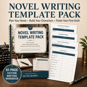 Può includere: Un pacchetto di modelli per la scrittura di romanzi di 61 pagine con rilegatura a spirale e copertina blu scuro con il testo Novel Writing Template Pack. Include fogli di pianificazione sciolti per dashboard di progetto, profilo del protagonista e pianificatori.