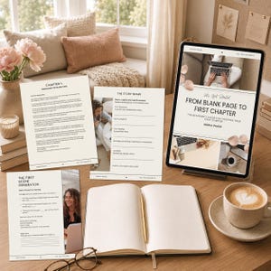 May include: A digital tablet displaying a guide titled From Blank Page to First Chapter by Maria Pease, alongside three printed worksheets titled Chapter 1, The Story Spark, and The First Scene Generator, a blank open notebook, and a coffee cup.