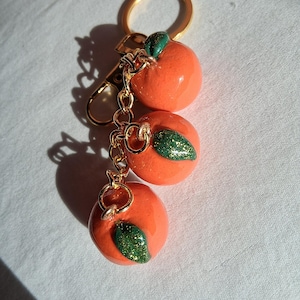 Handmade Polymer Clay Orange Trio Keychain, Kawaii Fruit Bag Charm Accessory
