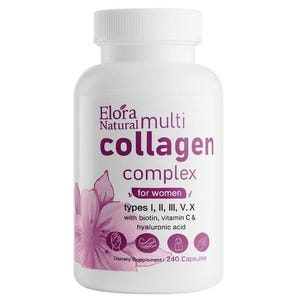 May include: A white bottle of Elora Natural Multi Collagen Complex dietary supplement for women. The label includes text about the types of collagen, biotin, vitamin C, and hyaluronic acid. The bottle contains 240 capsules.