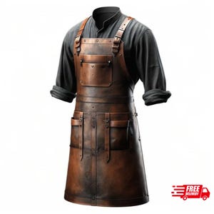 May include: A brown leather apron with multiple pockets and adjustable straps. The apron has a rugged, worn appearance and is designed for work or craft activities. The apron is shown over a black long-sleeve shirt.