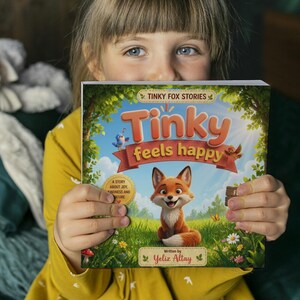 Könnte beinhalten: Ein Kinderbuch mit dem Titel "Tinky Feels Happy" wird gezeigt. Das Cover zeigt einen Cartoon-Fuchs, den Text "Tinky Feels Happy" und den Namen des Autors, Yeliz Altay. Das Buch gehört zur Reihe "Tinky Fox Stories".