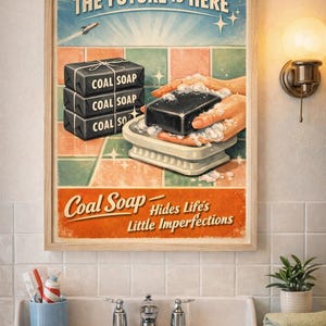 May include: Vintage-style framed print featuring a retro advertisement for Coal Soap. The artwork showcases a stack of wrapped soap bars, a hand washing soap, and the text "The Future is Here" and "Coal Soap Hides Life's Little Imperfections."