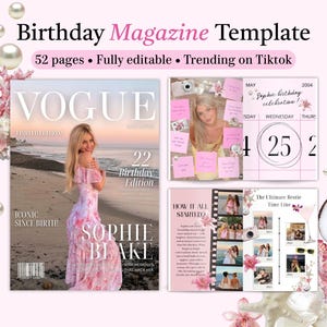 以下が含まれることがあります： ピンクと白の誕生日雑誌テンプレート。ヴォーグ風の表紙にはピンクのドレスを着た女性がいます。テンプレートには写真、テキスト、カレンダーのあるページが含まれています。テキストには「Birthday Magazine Template」、「52 pages」、「Trending on Tiktok」が含まれています。