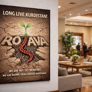 May include: A framed poster with the text "LONG LIVE KURDISTAN!" and "RO AVA" in bold letters. The artwork depicts a plant growing from cracked earth, with the words "WE ARE NOT CUT BRANCHES" and "WE ARE ROOWN THORS GHOUGH RESISTANCE" at the bottom.
