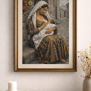 May include: A framed print depicting a woman in traditional attire breastfeeding a baby. The artwork shows the woman seated on stone steps, with a backdrop of a cobbled street and buildings. The print is in a gold frame.