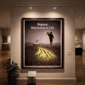 May include: A framed artwork in a museum setting. The image features a person carrying branches, a tree stump with a small plant, and the text "Rojava: Resistance is Life." The artwork has a dark brown frame.