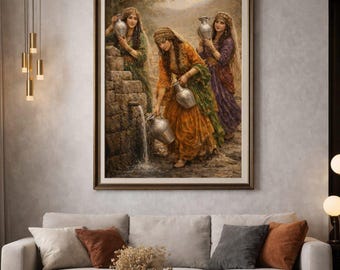 Può includere: Un dipinto incorniciato raffigura tre donne in abiti tradizionali presso una fonte d'acqua. Le donne, vestite di verde, arancione e viola, stanno riempiendo delle brocche di metallo. L'opera d'arte è esposta sopra un divano beige con cuscini decorativi.