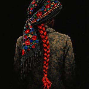May include: An artistic depiction of a person from the back, wearing a black headscarf with colourful floral embroidery. A long, vibrant red braid cascades down the back. The person is wearing a camouflage patterned shirt. Text at the bottom reads: "I stand by West Kurdistan/Rojava."
