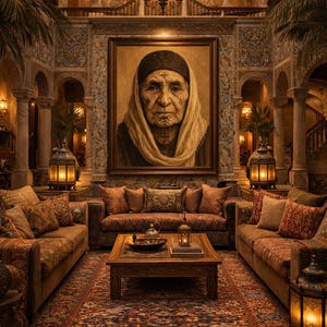 May include: An opulent interior scene featuring a large portrait of an elderly person. The room is furnished with sofas, a wooden coffee table, and a patterned rug. Lanterns and decorative lighting create a warm ambiance. The walls are decorated with intricate tilework.
