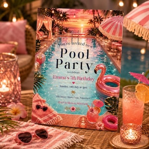 Puede incluir: Una tarjeta de invitación rectangular para una fiesta en la piscina con una escena de piscina al atardecer, un flotador de flamenco rosa, un flotador de donut rosa y follaje tropical. El texto dice: You're invited to a Pool Party.