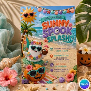 May include: A rectangular event flyer titled Sunny Spook Splash with a beach theme. It features a cartoon ghost wearing a floral lei and sunglasses, a jack-o'-lantern with sunglasses, a sun, and text detailing an August 23rd party event.