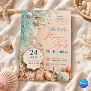 Puede incluir: Una tarjeta de invitación de cumpleaños rectangular con una escena de playa con agua turquesa, espuma blanca y arena. El texto dice: Tiny tides, seashell wishes, and sunny birthday smiles! Please join us to celebrate Marina Skye's 9th Birthday.