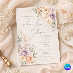 Peut inclure: Une carte d'invitation de mariage rectangulaire ornée d'illustrations florales à l'aquarelle dans des tons pêche, lavande et crème. Le texte indique Amelia and Oliver, 21 septembre 2026, 17h15, avec les détails du lieu The Magnolia Glasshouse.