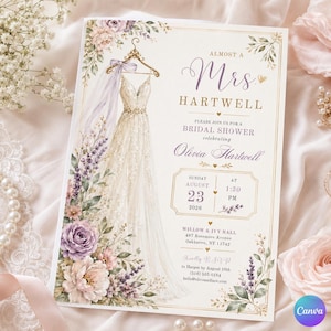 May include: A bridal shower invitation card featuring a watercolour illustration of a white lace dress on a gold hanger with a purple veil, surrounded by purple and pink floral accents. The text reads ALMOST A Mrs. HARTWELL, Olivia Hartwell, August 23, 2026.