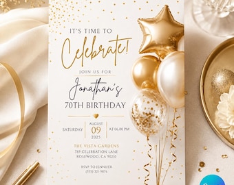 Birthday Invitation Template, White Gold Balloon Invite, Editable Canva Milestone Birthday Dinner Party, Printable Digital Evite, Canva