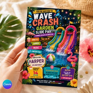 Può includere: Un invito rettangolare per il nono compleanno di Harper con il testo Wave Crash Garden Slide Party. Il design include colorati scivoli d'acqua gonfiabili, un pallone da spiaggia, un salvagente a fenicottero e fiori di ibisco tropicali.