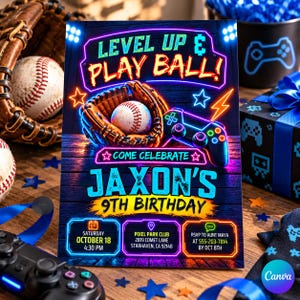 Baseball Video Game Birthday Invitation, Level Up and Play Ball, Neon Gaming Controller with Baseball Glove, Boys Sports Arcade Party Invite