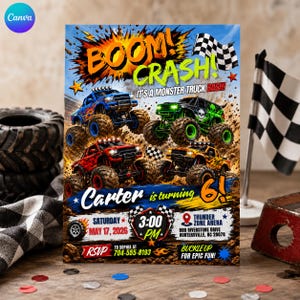 Op de afbeelding: Een monster truck verjaardagsuitnodiging met vier trucks in blauw, groen, rood en geel, met de tekst BOOM! CRASH! IT'S A MONSTER TRUCK BASH! Carter is turning 6! Zaterdag 17 mei 2026 om 15:00 uur in de Thunder Zone Arena, Huntersville, NC.