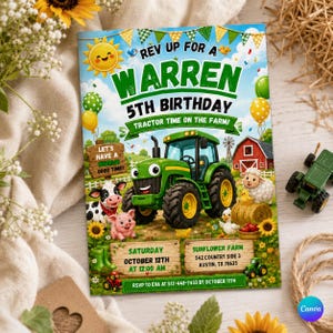 Könnte beinhalten: Eine rechteckige Geburtstagseinladungskarte mit einem grünen Cartoon-Traktor, einer Kuh, einem Schwein, einem Schaf und einem Huhn auf einem Bauernhof. Der Text lautet: REV UP FOR A WARREN 5TH BIRTHDAY, TRACTOR TIME ON THE FARM, LET'S HAVE A GOOD TIME, SATURDAY OCTOBER 12TH AT 12:00 AM, SUNFLOWER FARM 542 COUNTRY SIDE 3 AUSTIN, TX 78635, RSVP TO EVA AT 512-448-7433 BY OCTOBER 11TH.